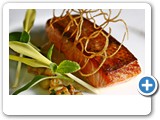 Norwegian salmon filet micuit, sauvignaon blanc butter sauce, pickled eggplant, potato